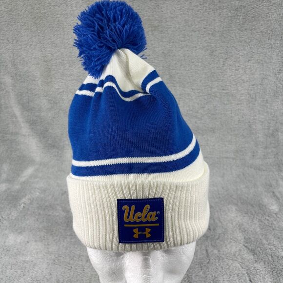 UNDER ARMOUR UA Halftime Mens Cuffed Pom Knit Beanie Hat Blue White - Picture 1 of 8